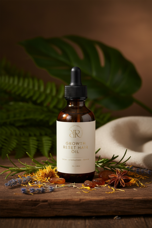 Growth Reset Hair Oil 2oz in botanical setting