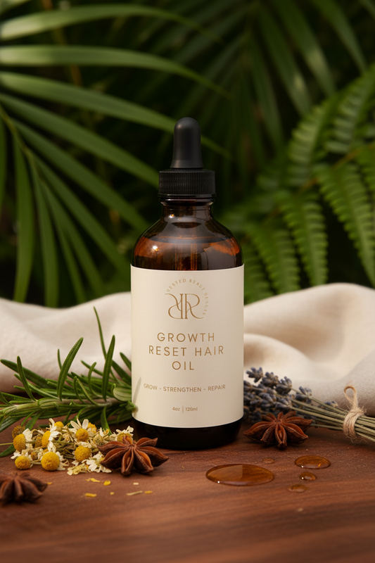 Growth Reset Hair Oil 4oz in botanical setting